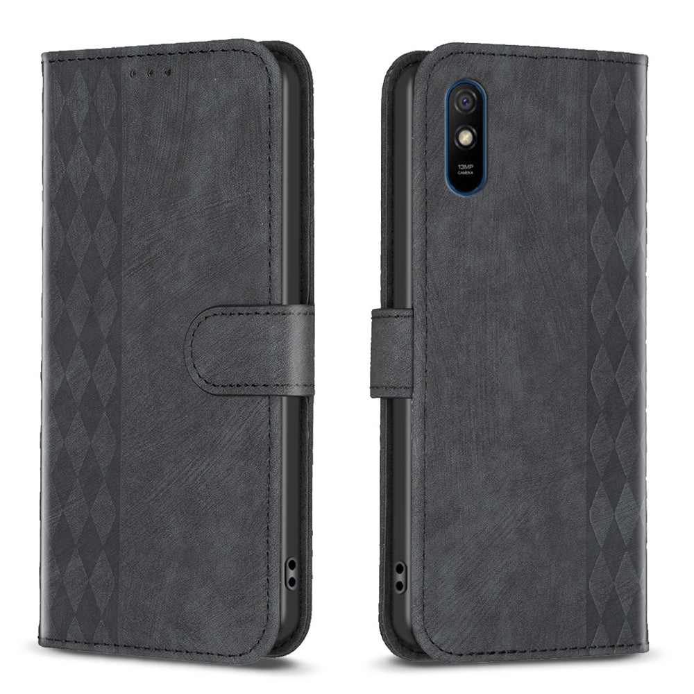 Xiaomi Redmi 9A Plaid Embossed Leather Phone Case – Premium Wallet Kickstand & Shock Absorption for Durable Protection