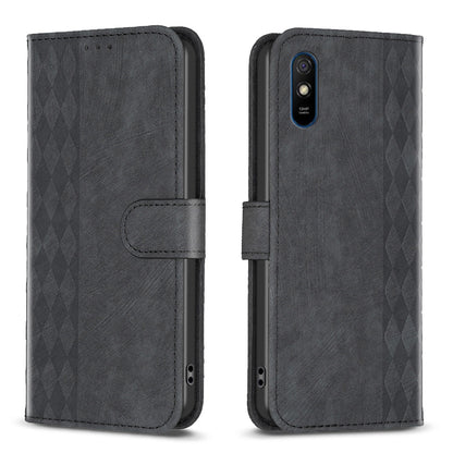 Xiaomi Redmi 9A Plaid Embossed Leather Phone Case – Premium Wallet Kickstand & Shock Absorption for Durable Protection