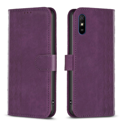Xiaomi Redmi 9A Plaid Embossed Leather Phone Case – Premium Wallet Kickstand & Shock Absorption for Durable Protection