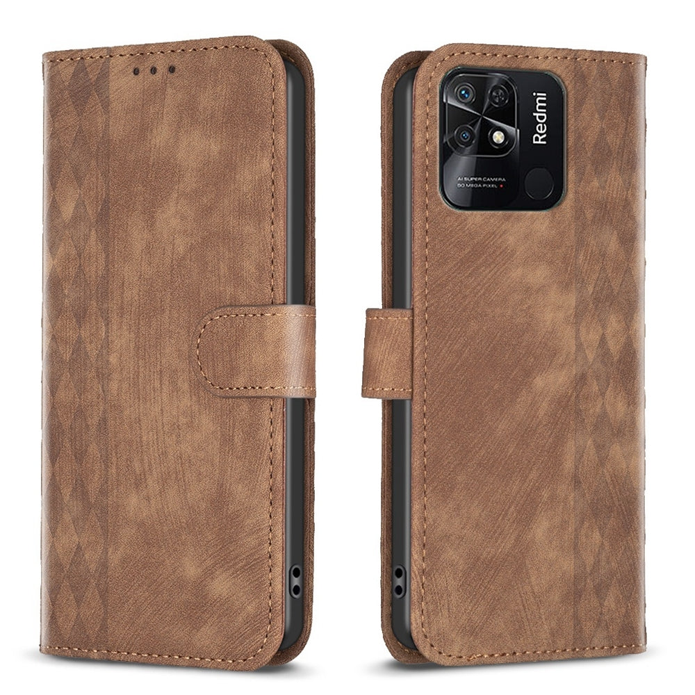 Xiaomi Redmi 10C Plaid Embossed Leather Phone Case – Premium Wallet Kickstand & Shock Absorption for Durable Protection