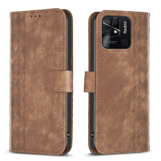 Xiaomi Redmi 10C Plaid Embossed Leather Phone Case – Premium Wallet Kickstand & Shock Absorption for Durable Protection