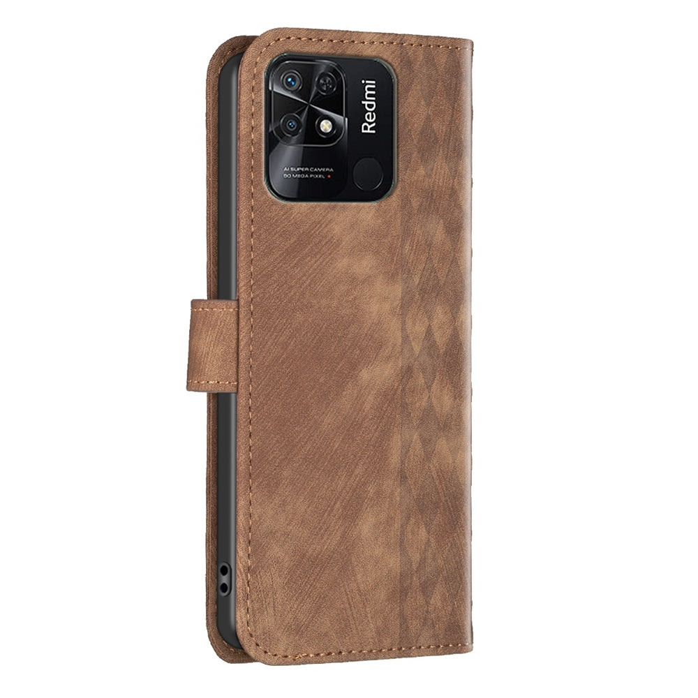 Xiaomi Redmi 10C Plaid Embossed Leather Phone Case – Premium Wallet Kickstand & Shock Absorption for Durable Protection