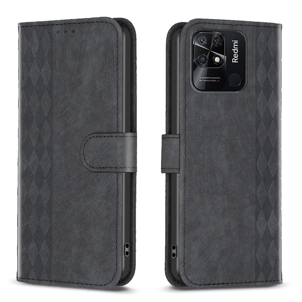Xiaomi Redmi 10C Plaid Embossed Leather Phone Case – Premium Wallet Kickstand & Shock Absorption for Durable Protection