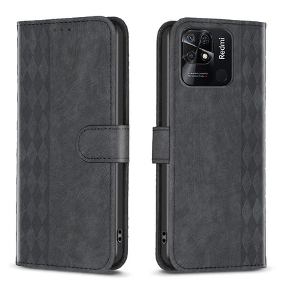Xiaomi Redmi 10C Plaid Embossed Leather Phone Case – Premium Wallet Kickstand & Shock Absorption for Durable Protection