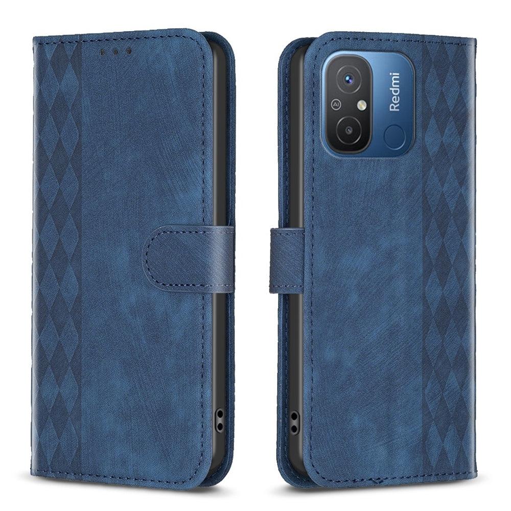 Xiaomi Redmi 12C Plaid Embossed Leather Phone Case – Premium Wallet Kickstand & Shock Absorption for Durable Protection