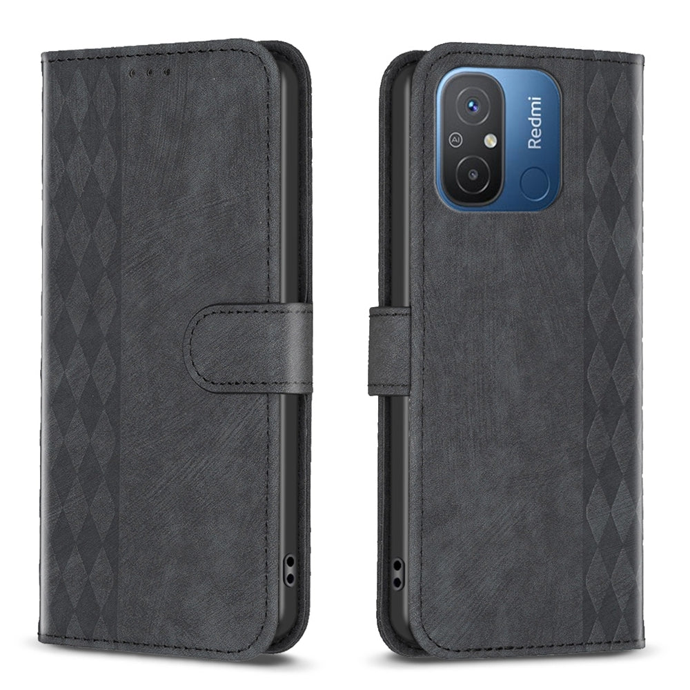 Xiaomi Redmi 12C Plaid Embossed Leather Phone Case – Premium Wallet Kickstand & Shock Absorption for Durable Protection