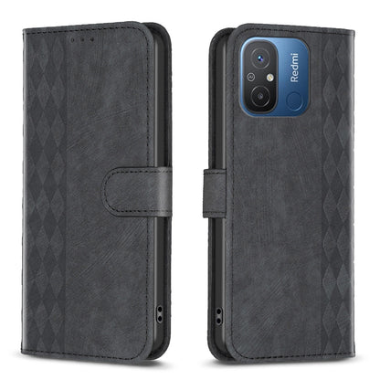 Xiaomi Redmi 12C Plaid Embossed Leather Phone Case – Premium Wallet Kickstand & Shock Absorption for Durable Protection