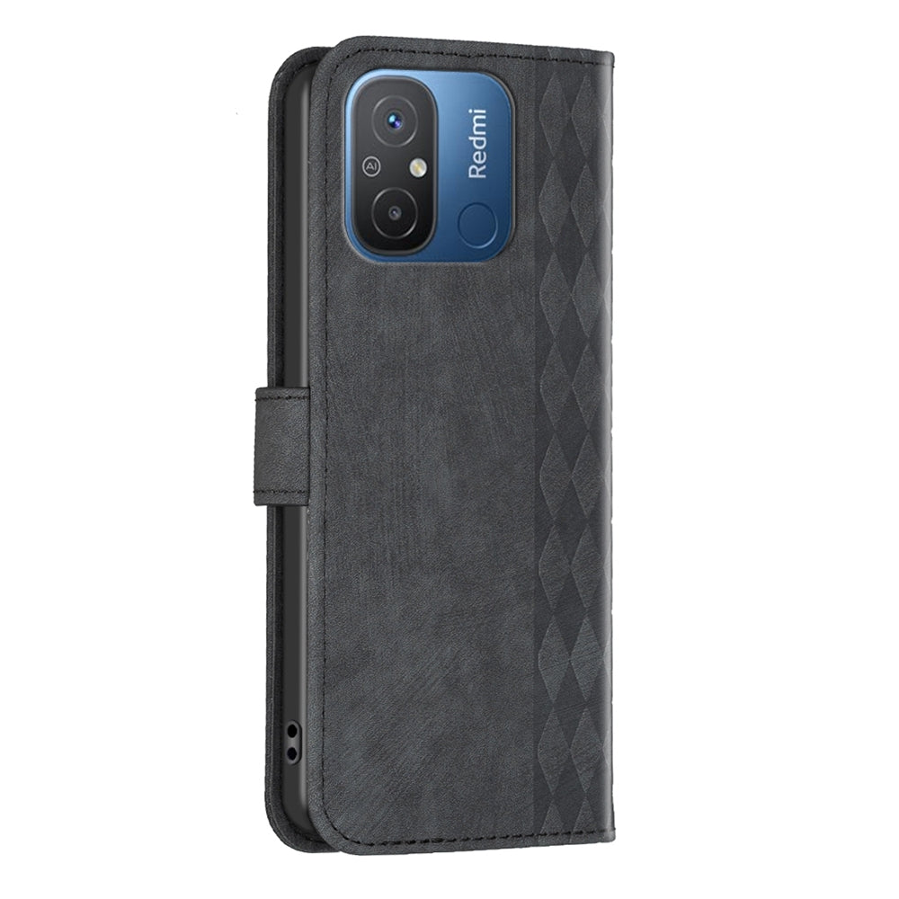 Xiaomi Redmi 12C Plaid Embossed Leather Phone Case – Premium Wallet Kickstand & Shock Absorption for Durable Protection