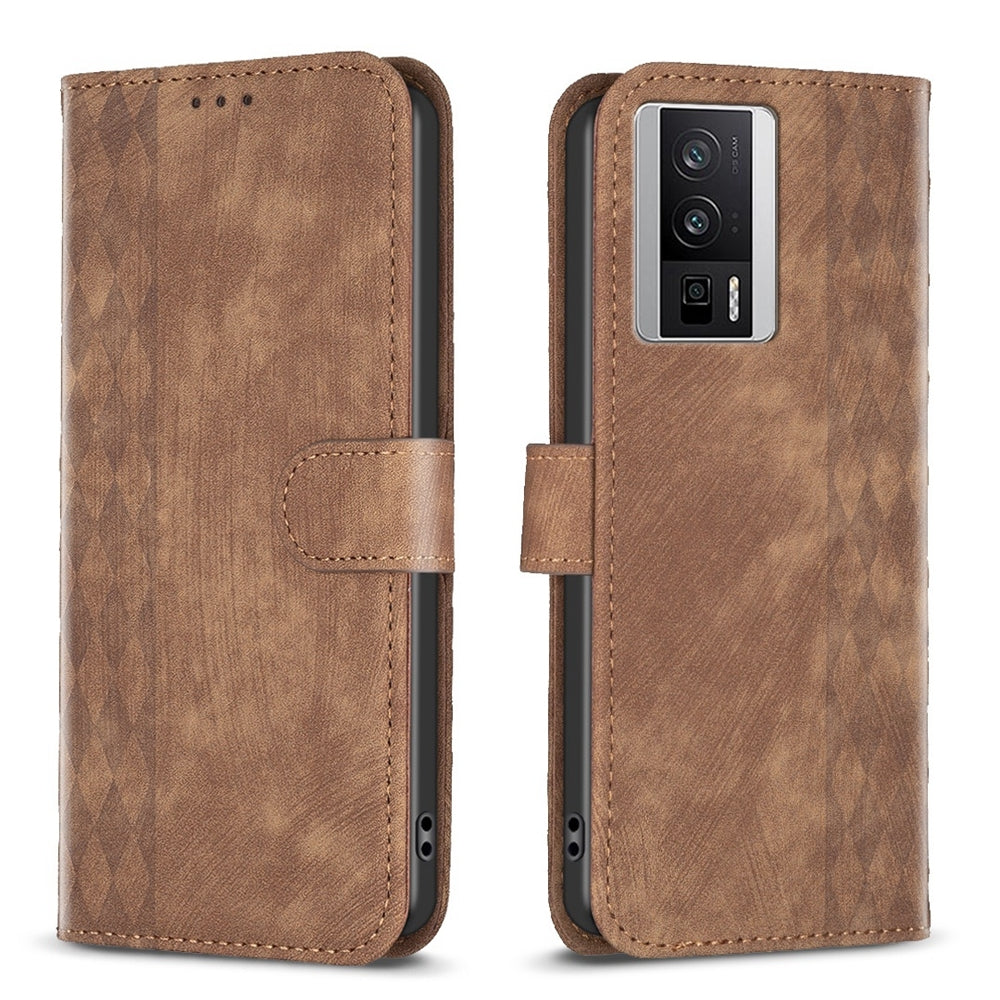 Xiaomi Redmi K60 Plaid Embossed Leather Phone Case – Premium Wallet Kickstand & Shock Absorption for Durable Protection