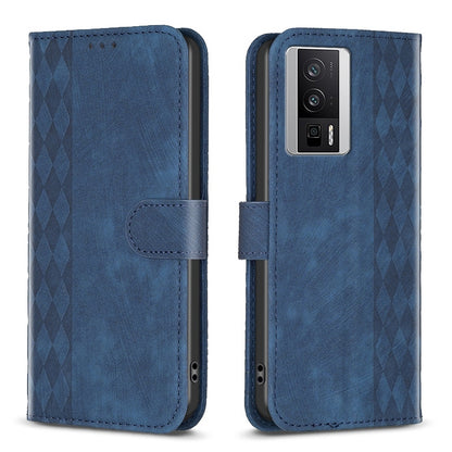 Xiaomi Redmi K60 Plaid Embossed Leather Phone Case – Premium Wallet Kickstand & Shock Absorption for Durable Protection