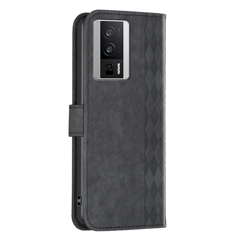 Xiaomi Redmi K60 Plaid Embossed Leather Phone Case – Premium Wallet Kickstand & Shock Absorption for Durable Protection