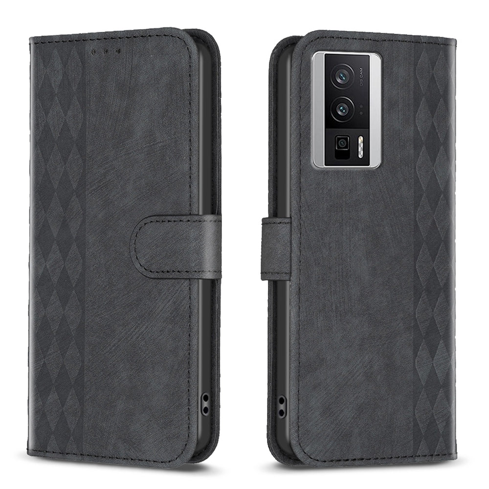 Xiaomi Redmi K60 Pro Plaid Embossed Leather Phone Case – Premium Wallet Kickstand & Shock Absorption for Durable Protection