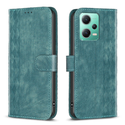 Xiaomi Redmi Note 12 5G Global Plaid Embossed Leather Phone Case – Premium Wallet Kickstand & Shock Absorption for Durable Protection