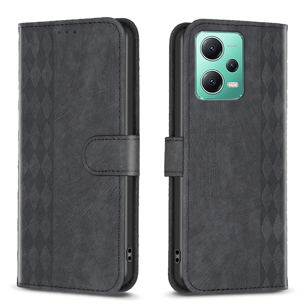 Xiaomi Redmi Note 12 5G Global Plaid Embossed Leather Phone Case – Premium Wallet Kickstand & Shock Absorption for Durable Protection