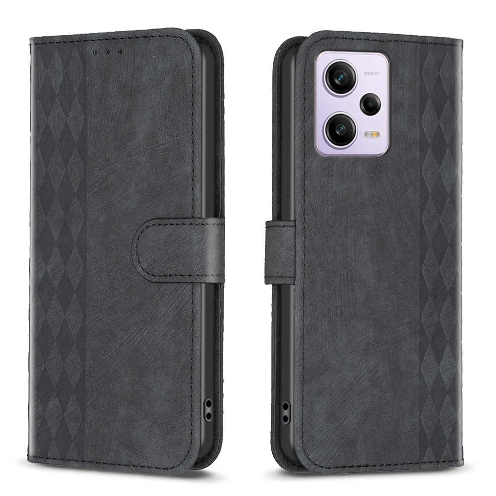 Xiaomi Redmi Note 12 Pro Global Plaid Embossed Leather Phone Case – Premium Wallet Kickstand & Shock Absorption for Durable Protection