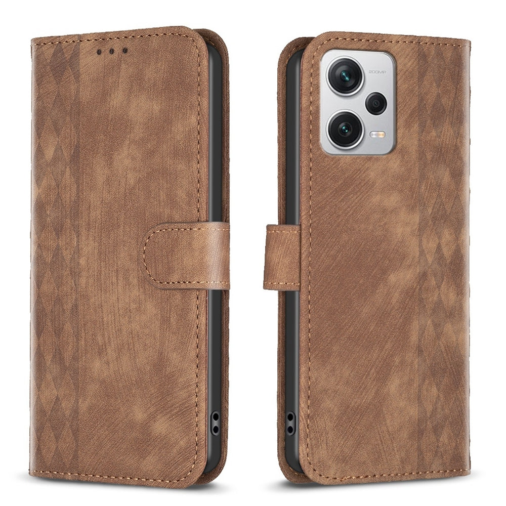 Xiaomi Redmi Note 12 Pro+ Global Plaid Embossed Leather Phone Case – Premium Wallet Kickstand & Shock Absorption for Durable Protection