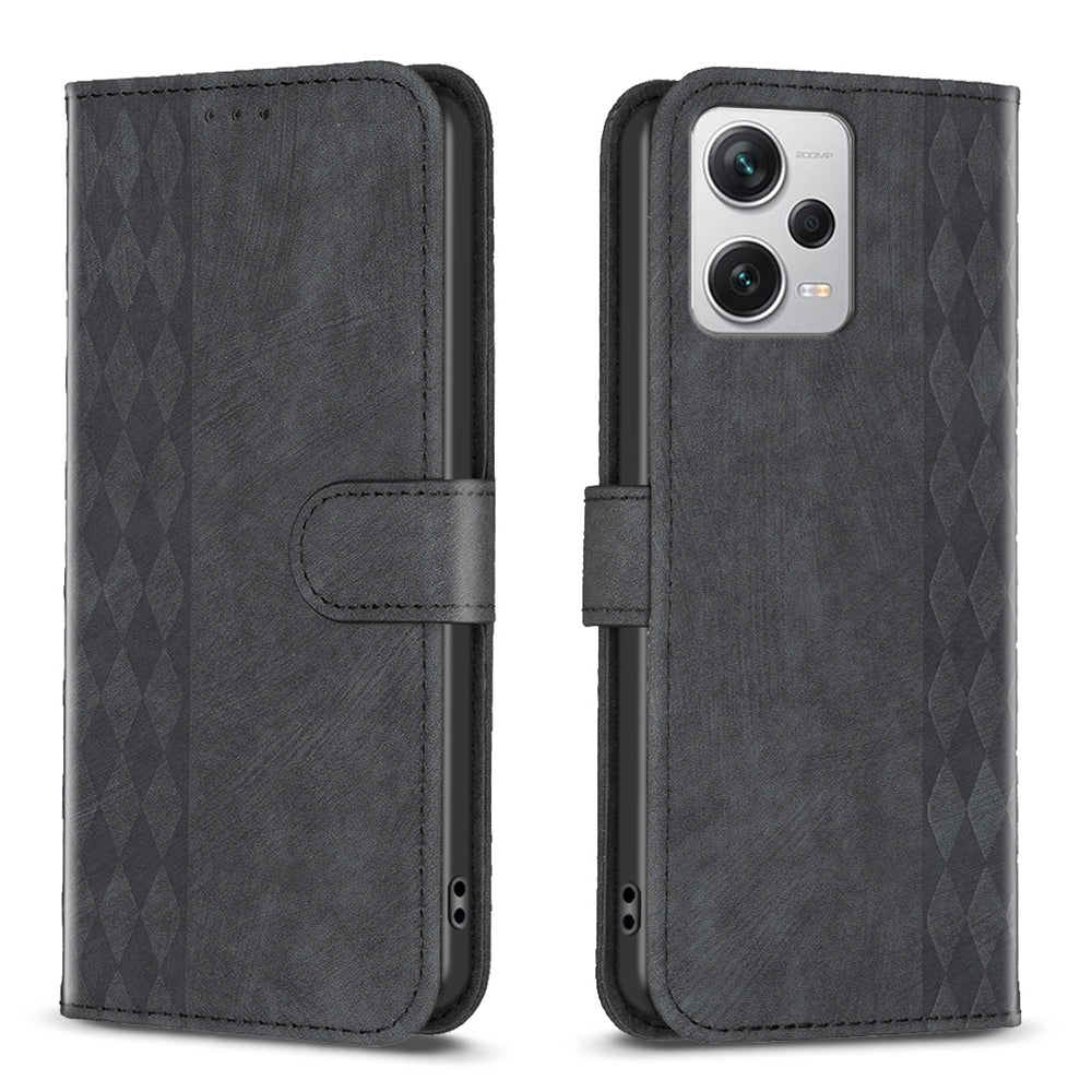 Xiaomi Redmi Note 12 Pro+ Global Plaid Embossed Leather Phone Case – Premium Wallet Kickstand & Shock Absorption for Durable Protection