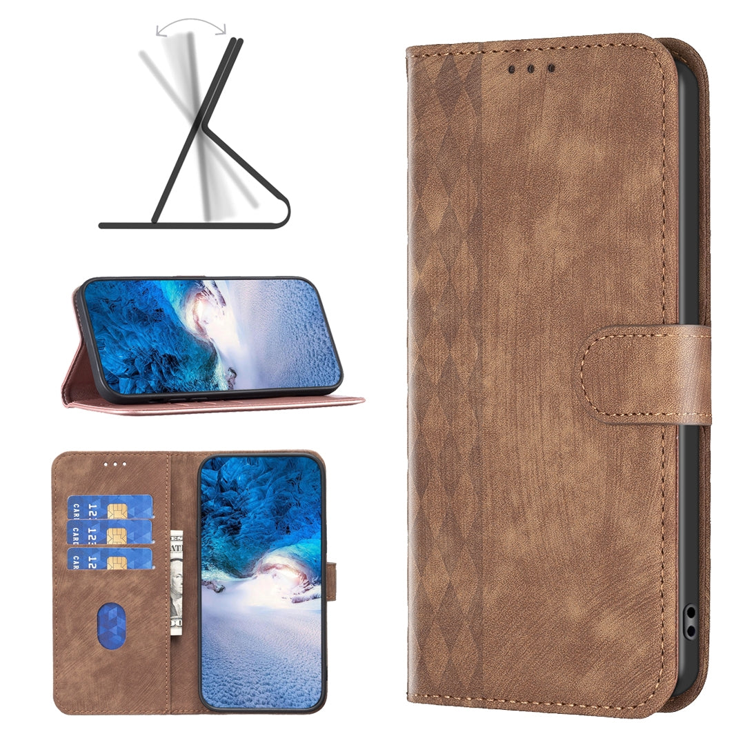 Xiaomi Redmi 12 4G Plaid Embossed Leather Phone Case – Premium Wallet Kickstand & Shock Absorption for Durable Protection