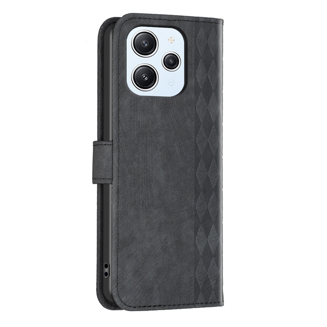 Xiaomi Redmi 12 4G Plaid Embossed Leather Phone Case – Premium Wallet Kickstand & Shock Absorption for Durable Protection