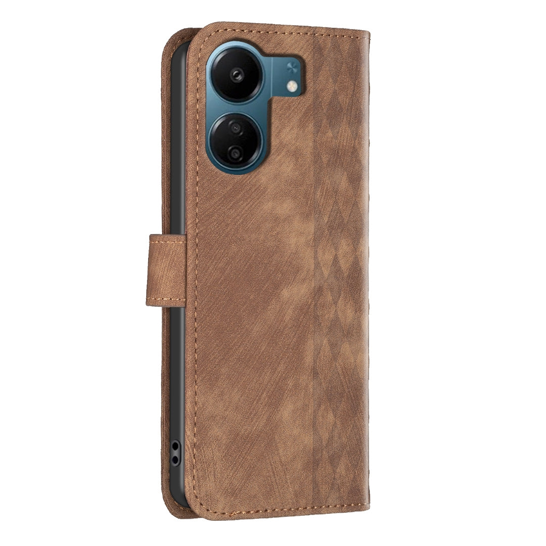 Xiaomi Redmi 13C Plaid Embossed Leather Phone Case – Premium Wallet Kickstand & Shock Absorption for Durable Protection