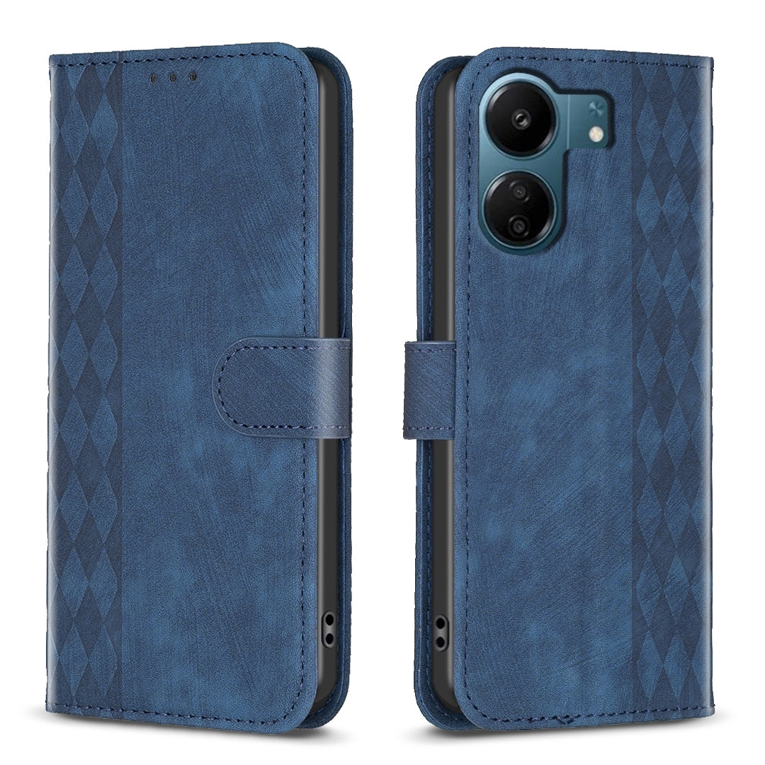 Xiaomi Redmi 13C Plaid Embossed Leather Phone Case – Premium Wallet Kickstand & Shock Absorption for Durable Protection
