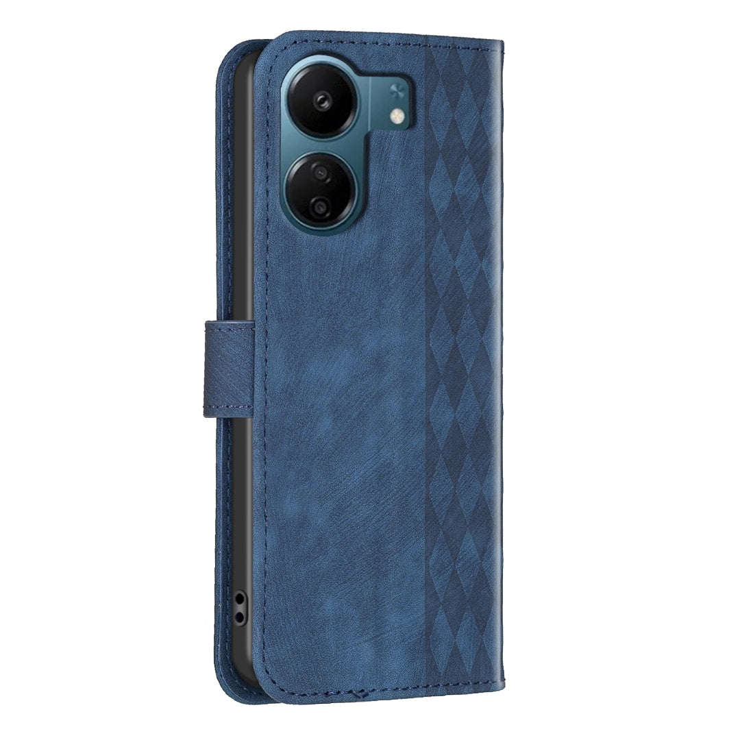 Xiaomi Redmi 13C Plaid Embossed Leather Phone Case – Premium Wallet Kickstand & Shock Absorption for Durable Protection