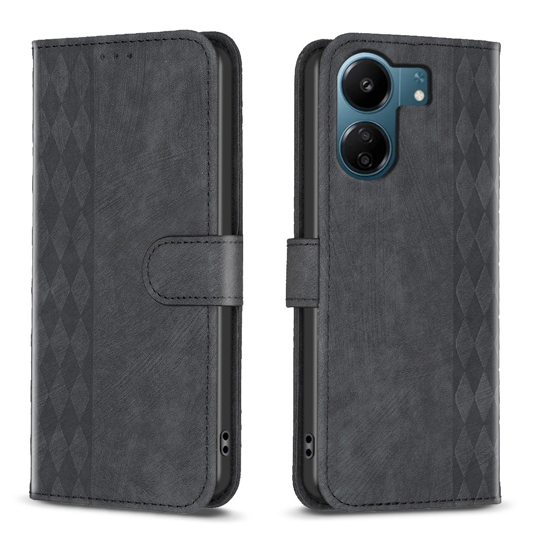 Xiaomi Redmi 13C Plaid Embossed Leather Phone Case – Premium Wallet Kickstand & Shock Absorption for Durable Protection