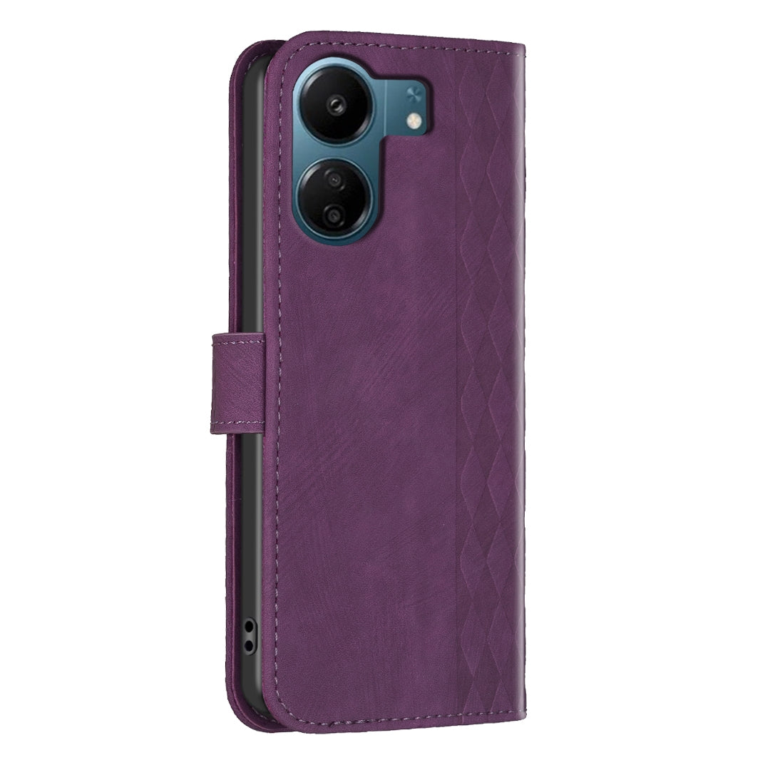 Xiaomi Redmi 13C Plaid Embossed Leather Phone Case – Premium Wallet Kickstand & Shock Absorption for Durable Protection