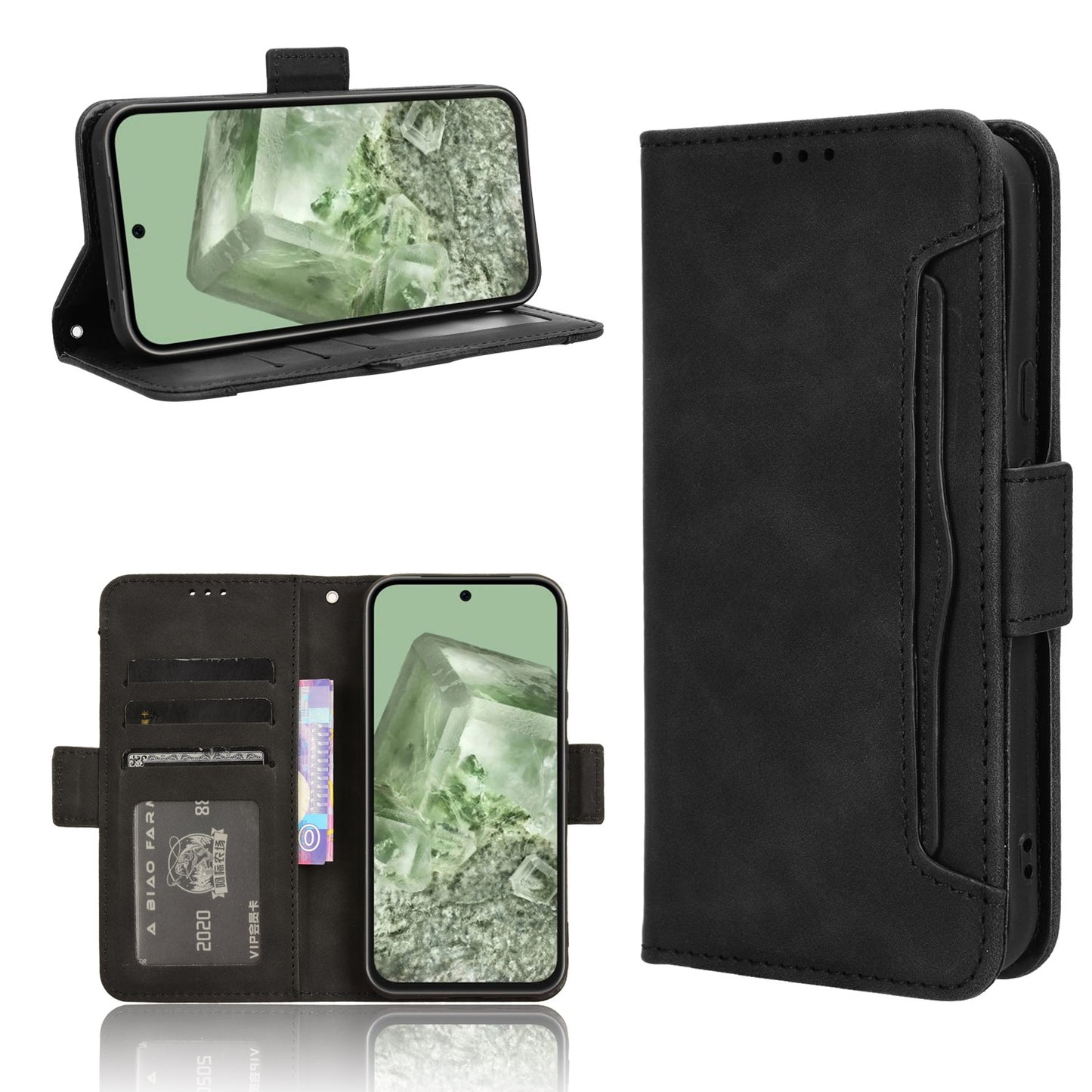 Google Pixel 8a Skin Feel PU Leather Wallet Phone Case with Card Slots, Cash Pocket, Magnetic Closure, Built-In Stand, Full Protection TPU Cover