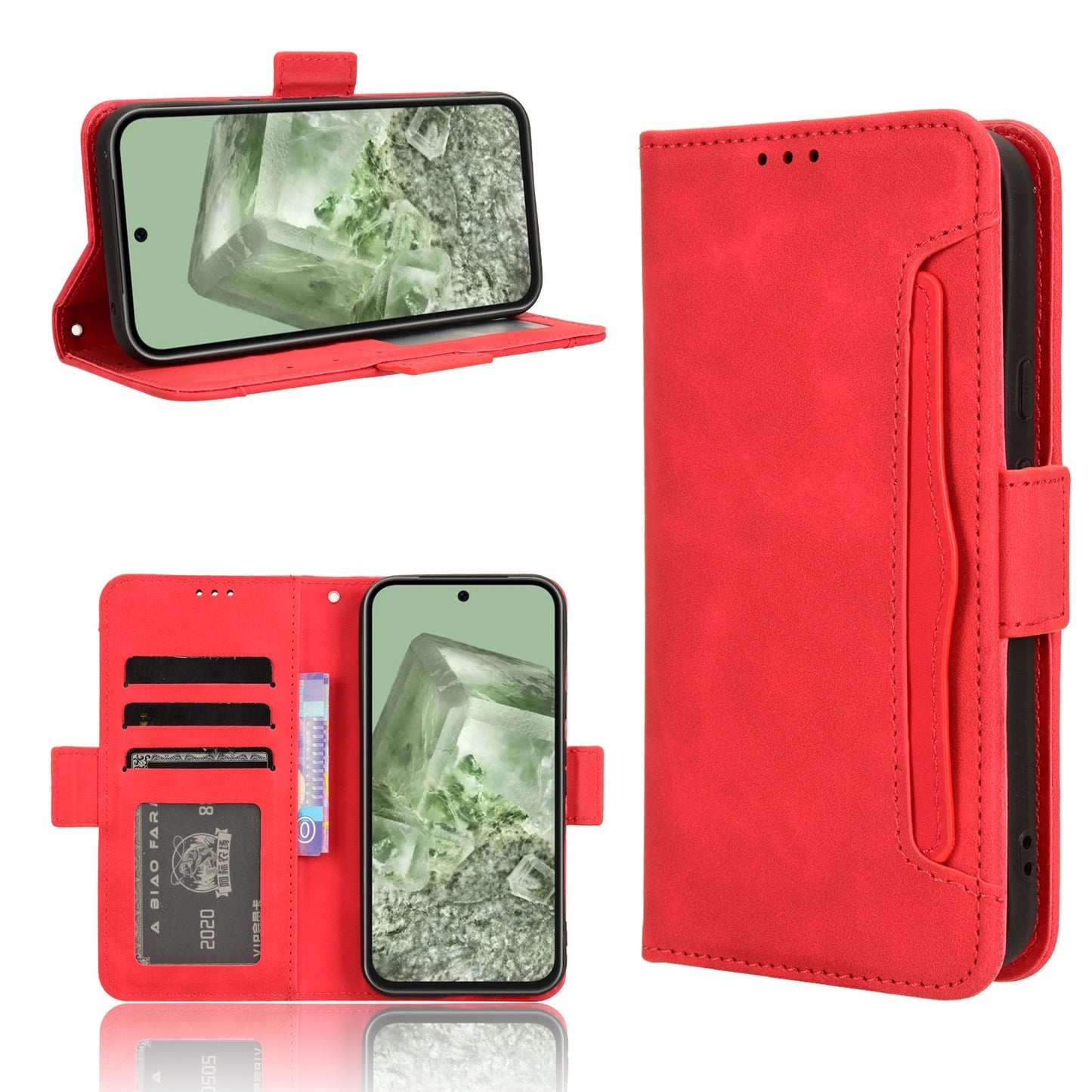 Google Pixel 8a Skin Feel PU Leather Wallet Phone Case with Card Slots, Cash Pocket, Magnetic Closure, Built-In Stand, Full Protection TPU Cover