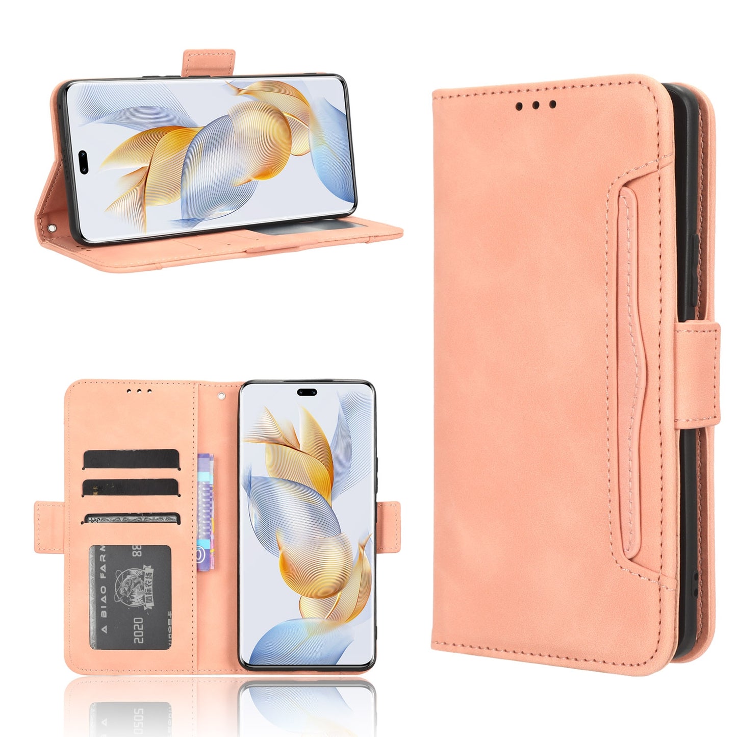 Honor 90 Pro 5G Skin Feel PU Leather Wallet Phone Case with Card Slots, Cash Pocket, Magnetic Closure, Built-In Stand, Full Protection TPU Cover