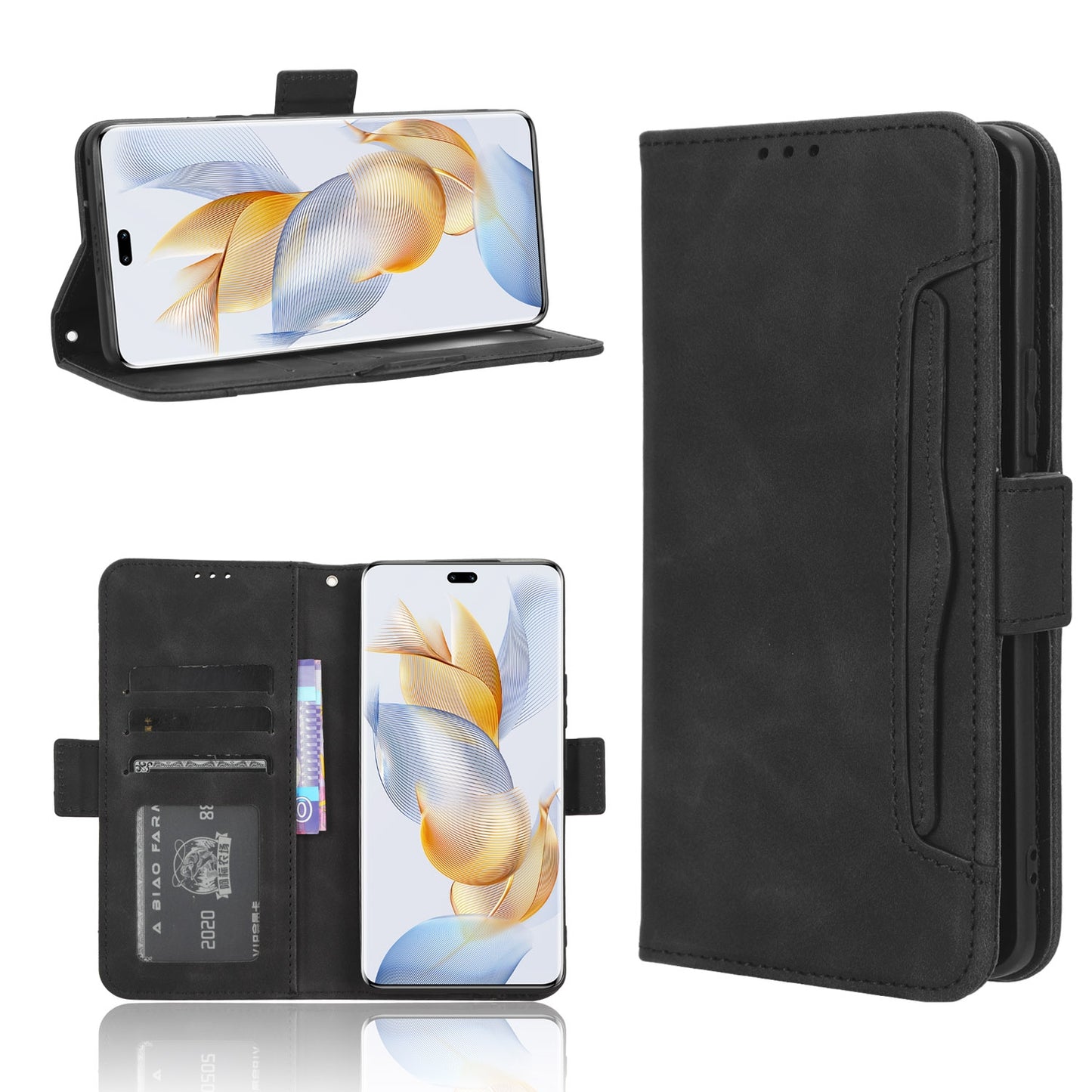 Honor 90 5G Skin Feel PU Leather Wallet Phone Case with Card Slots, Cash Pocket, Magnetic Closure, Built-In Stand, Full Protection TPU Cover
