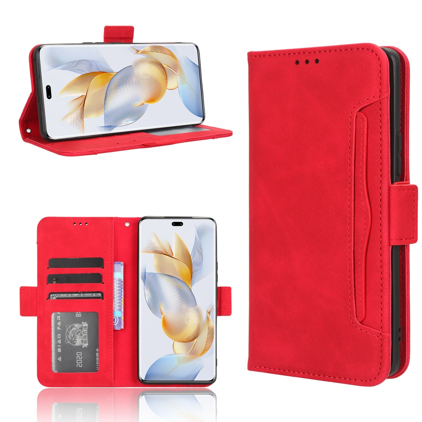 Honor 90 5G Skin Feel PU Leather Wallet Phone Case with Card Slots, Cash Pocket, Magnetic Closure, Built-In Stand, Full Protection TPU Cover