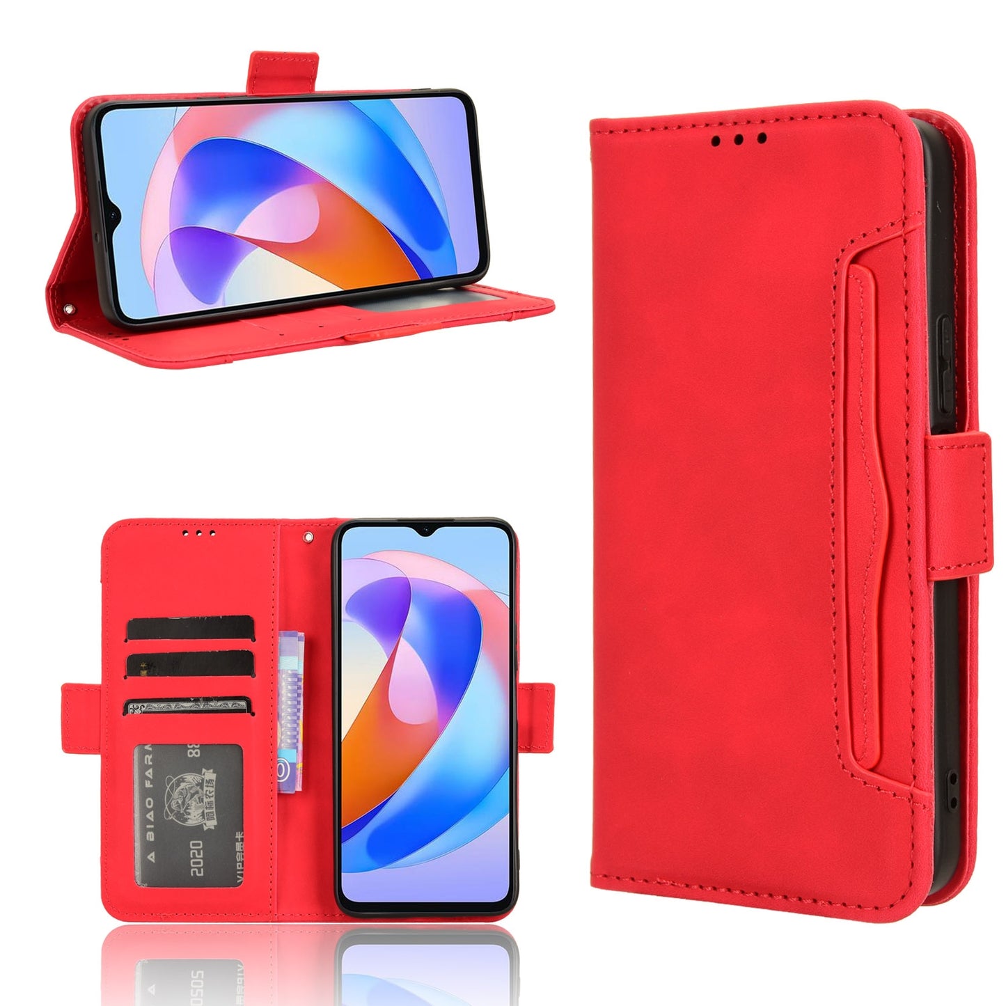 Honor X5 Plus Skin Feel PU Leather Wallet Phone Case with Card Slots, Cash Pocket, Magnetic Closure, Built-In Stand, Full Protection TPU Cover