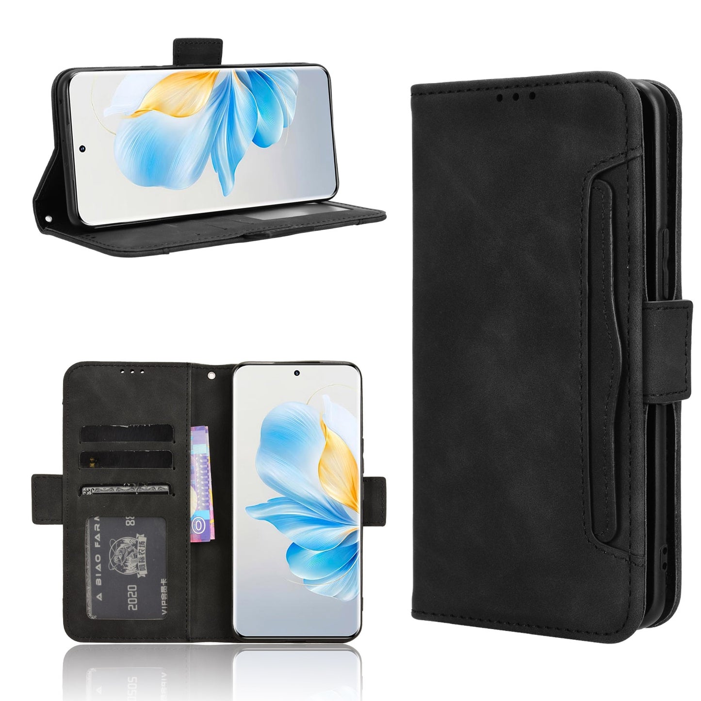 Honor 100 5G Skin Feel PU Leather Wallet Phone Case with Card Slots, Cash Pocket, Magnetic Closure, Built-In Stand, Full Protection TPU Cover