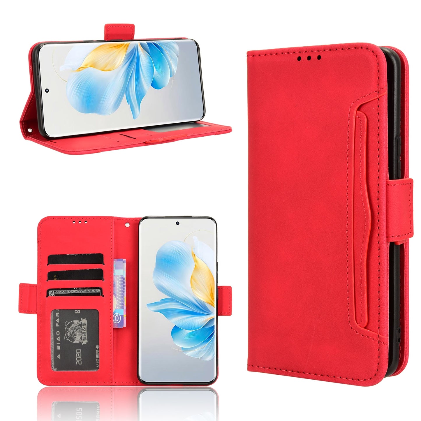 Honor 100 5G Skin Feel PU Leather Wallet Phone Case with Card Slots, Cash Pocket, Magnetic Closure, Built-In Stand, Full Protection TPU Cover