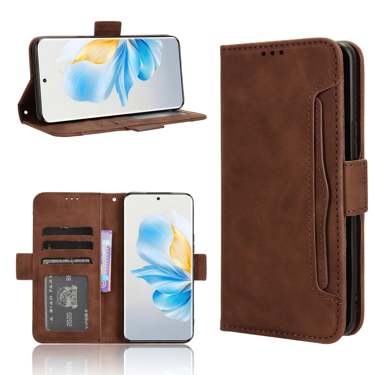Honor 100 5G Skin Feel PU Leather Wallet Phone Case with Card Slots, Cash Pocket, Magnetic Closure, Built-In Stand, Full Protection TPU Cover