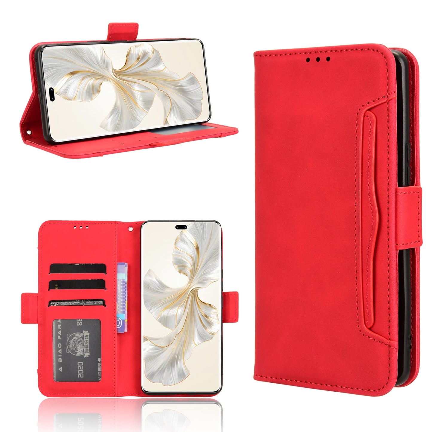 Honor 100 Pro 5G Skin Feel PU Leather Wallet Phone Case with Card Slots, Cash Pocket, Magnetic Closure, Built-In Stand, Full Protection TPU Cover