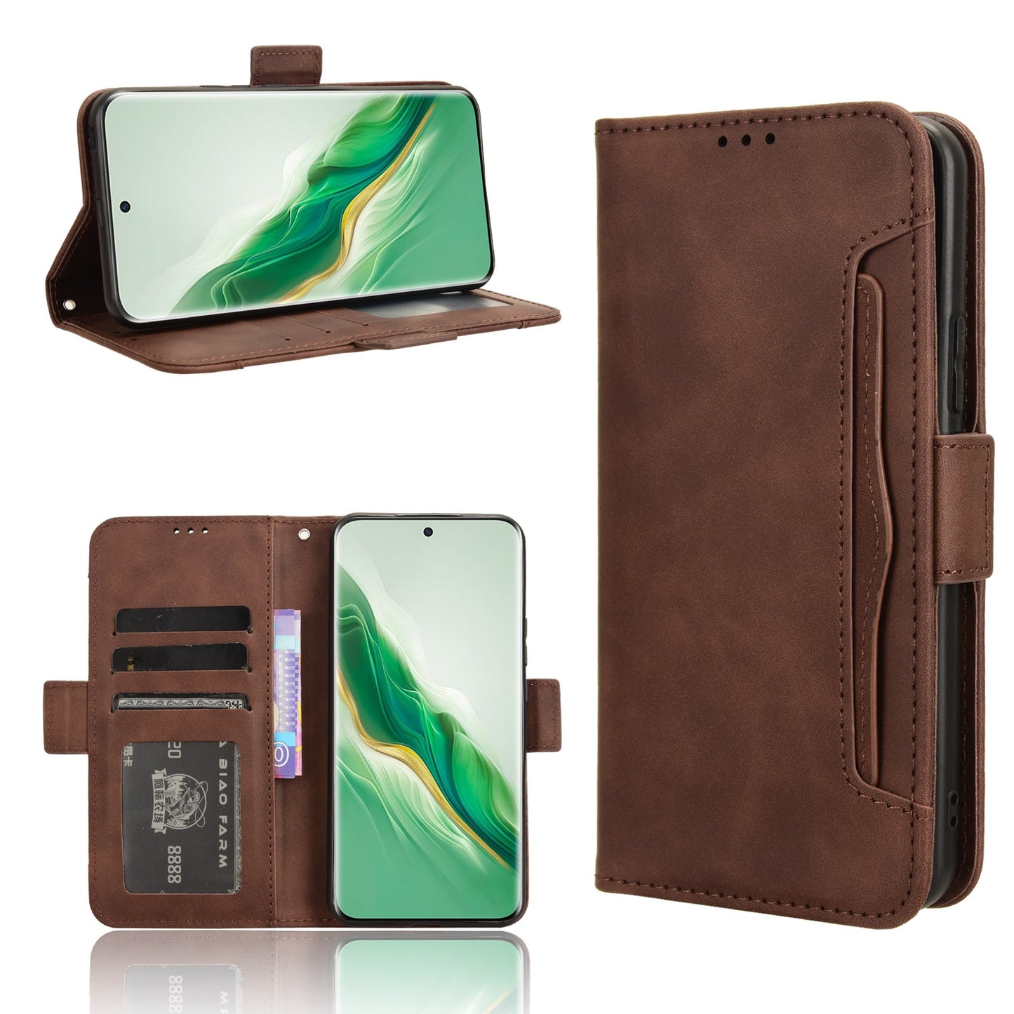 Honor Magic6 5G Skin Feel PU Leather Wallet Phone Case with Card Slots, Cash Pocket, Magnetic Closure, Built-In Stand, Full Protection TPU Cover