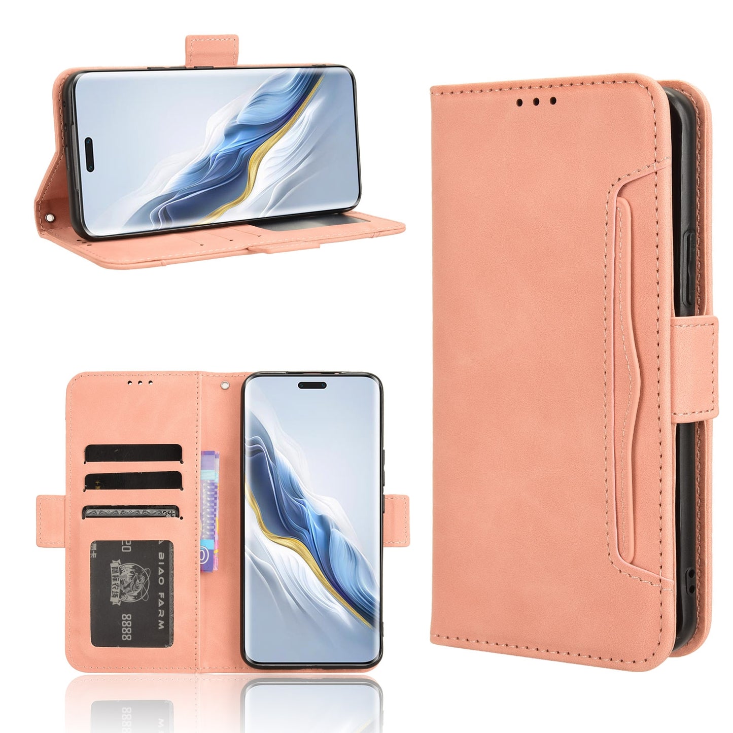 Honor Magic6 Pro Skin Feel PU Leather Wallet Phone Case with Card Slots, Cash Pocket, Magnetic Closure, Built-In Stand, Full Protection TPU Cover