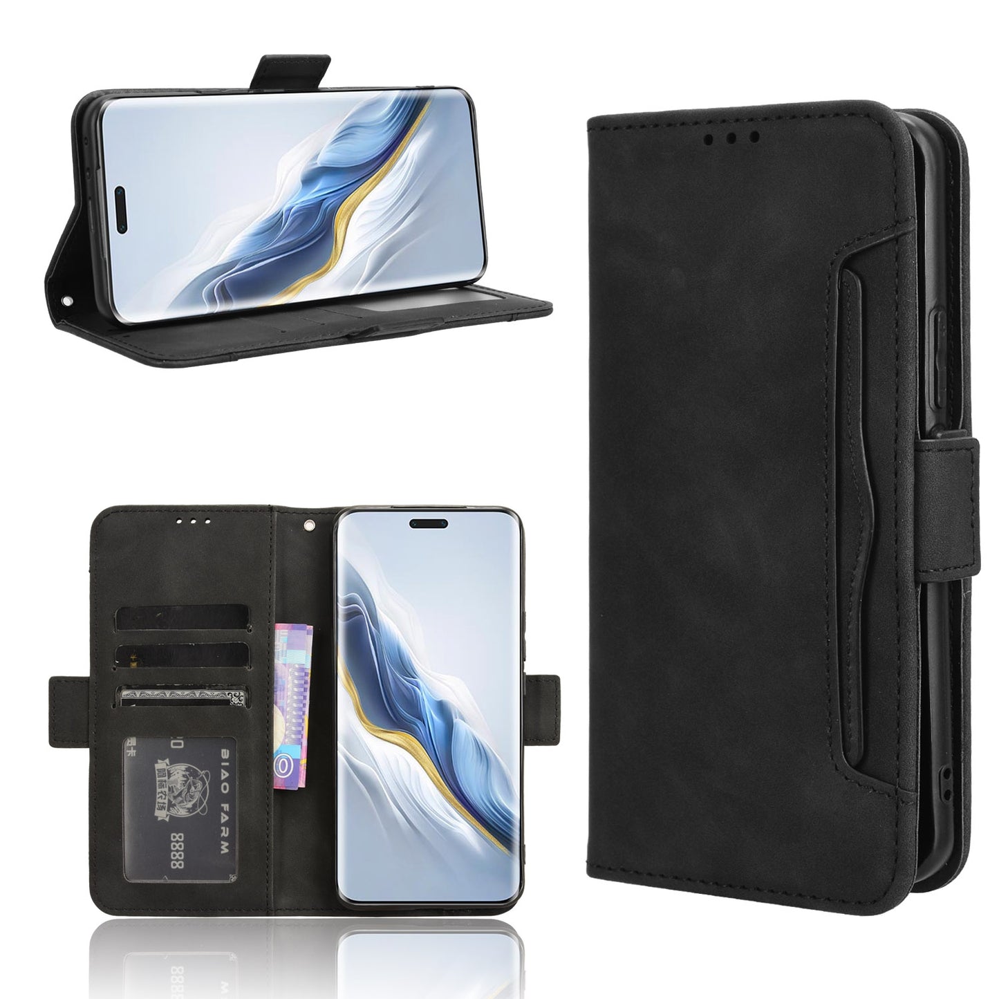 Honor Magic6 Pro Skin Feel PU Leather Wallet Phone Case with Card Slots, Cash Pocket, Magnetic Closure, Built-In Stand, Full Protection TPU Cover