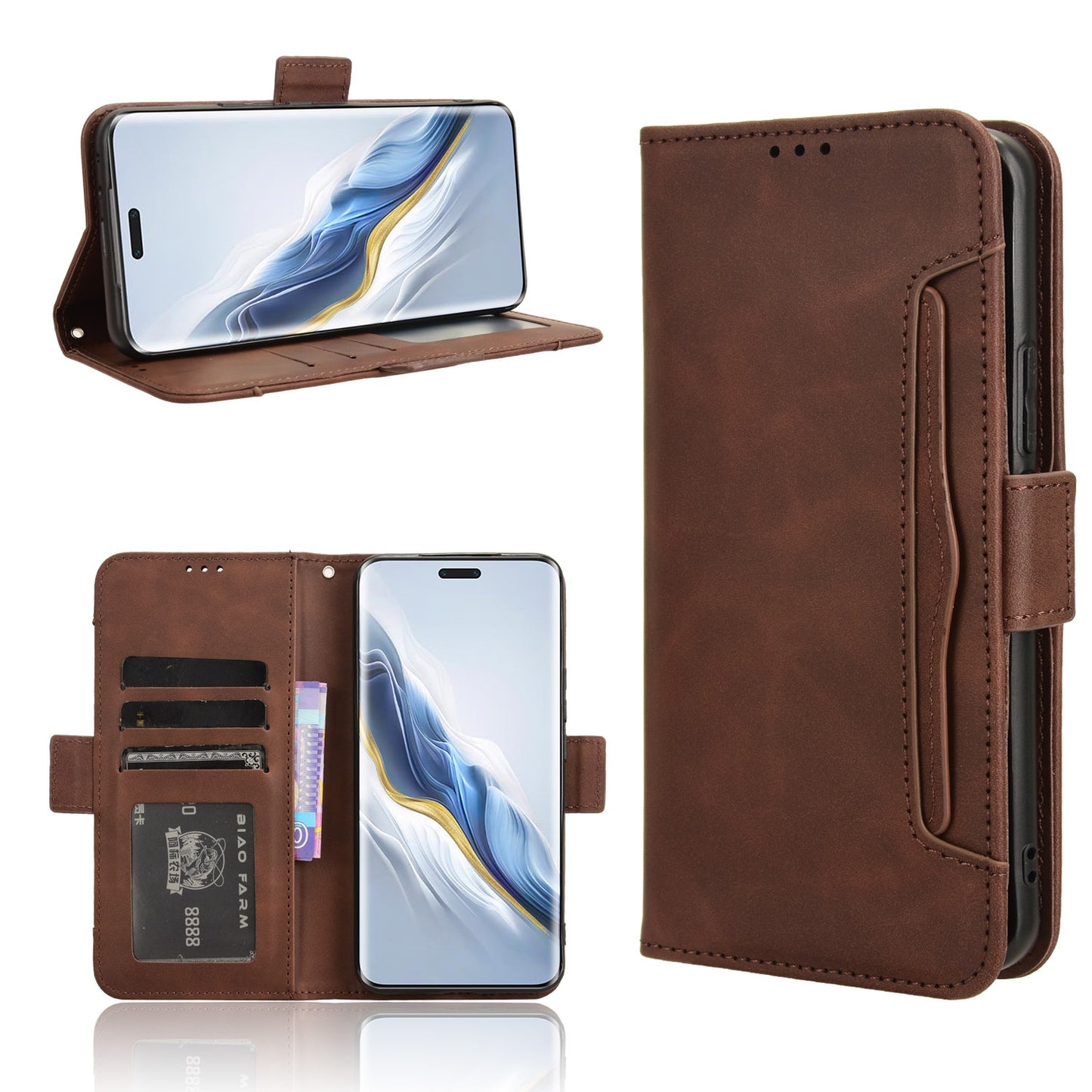 Honor Magic6 Pro Skin Feel PU Leather Wallet Phone Case with Card Slots, Cash Pocket, Magnetic Closure, Built-In Stand, Full Protection TPU Cover