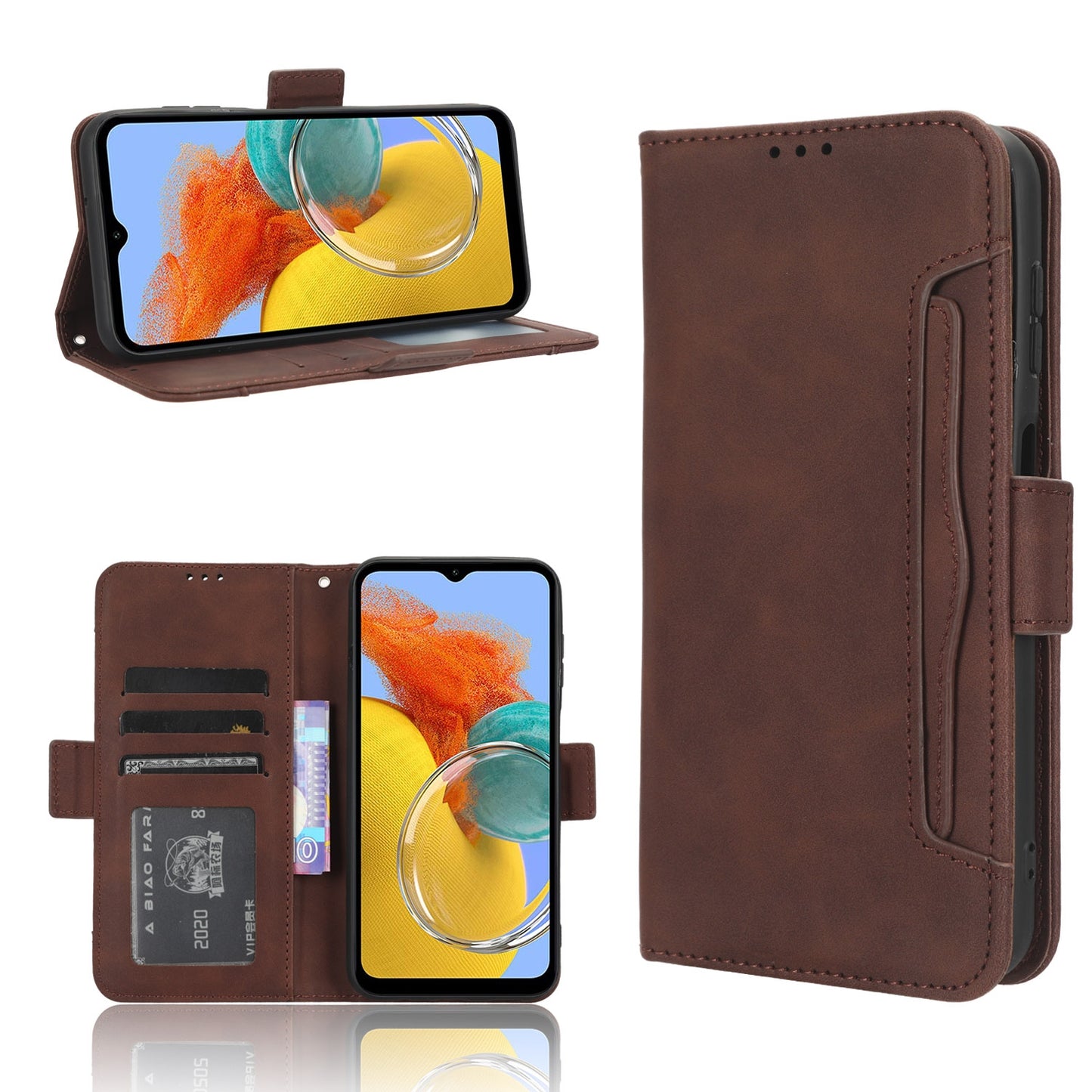 Samsung Galaxy M34 5G Skin Feel PU Leather Wallet Phone Case with Card Slots, Cash Pocket, Magnetic Closure, Built-In Stand, Full Protection TPU Cover
