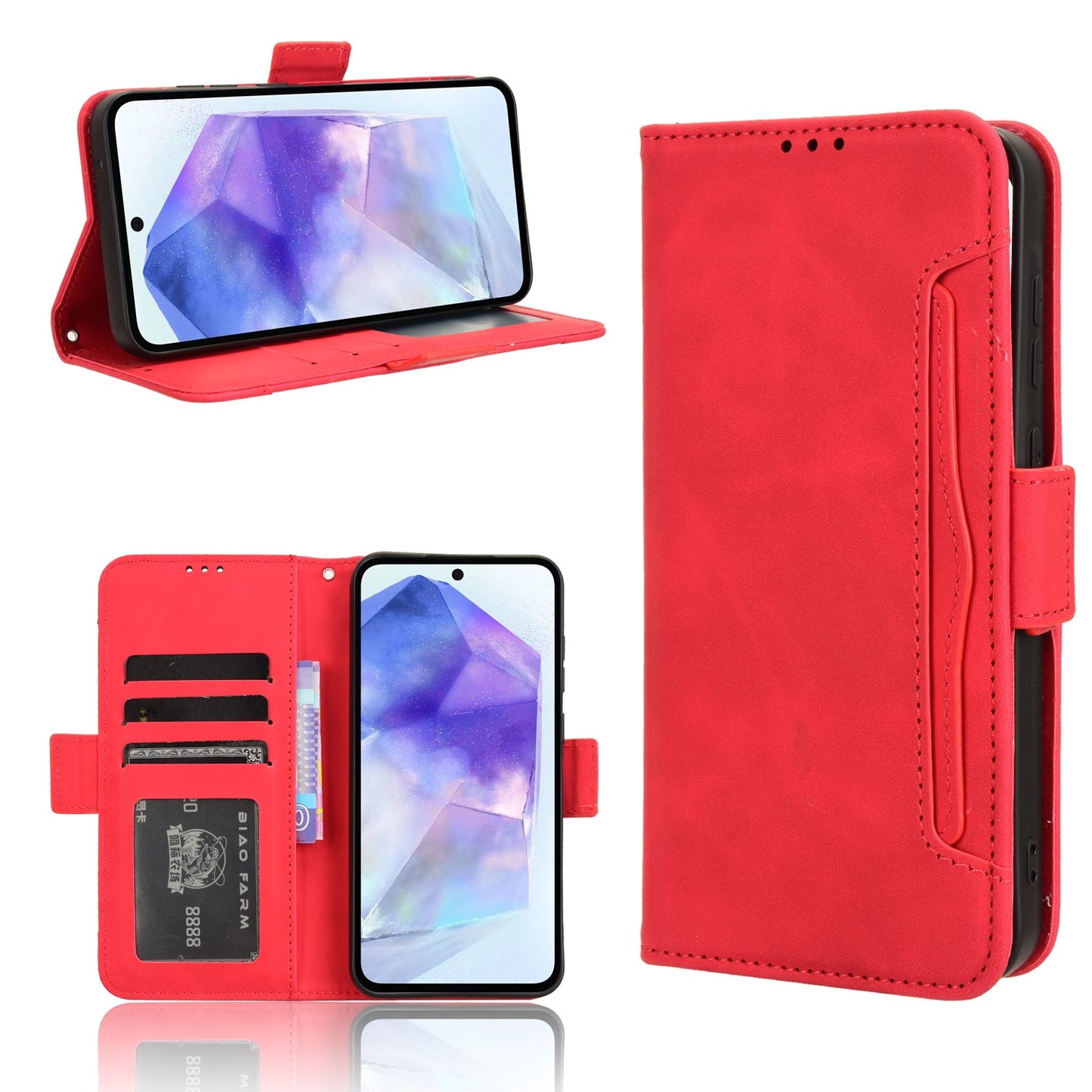 Samsung Galaxy A55 5G Skin Feel PU Leather Wallet Phone Case with Card Slots, Cash Pocket, Magnetic Closure, Built-In Stand, Full Protection TPU Cover