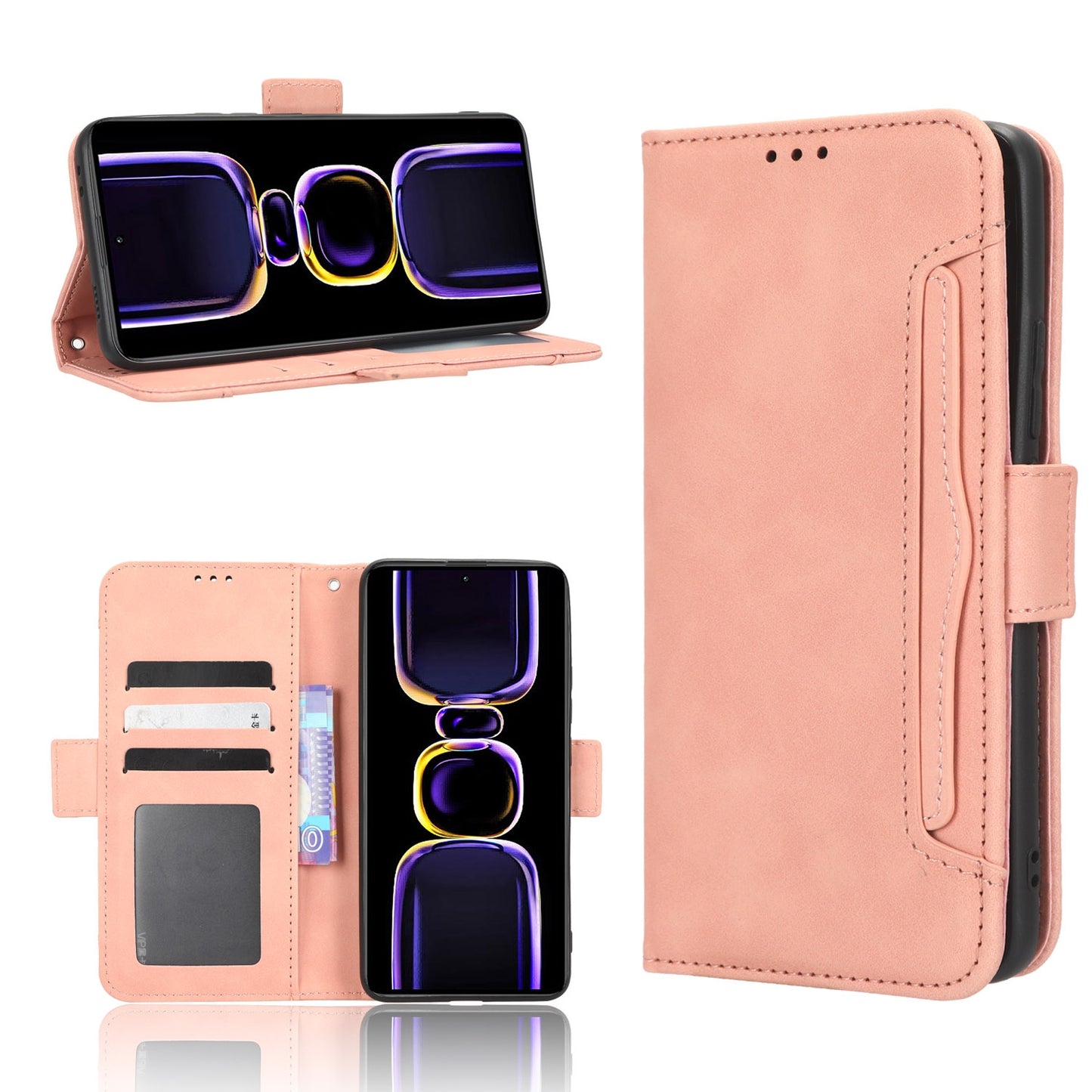 Xiaomi Redmi K60 5G Skin Feel PU Leather Wallet Phone Case with Card Slots, Cash Pocket, Magnetic Closure, Built-In Stand, Full Protection TPU Cover