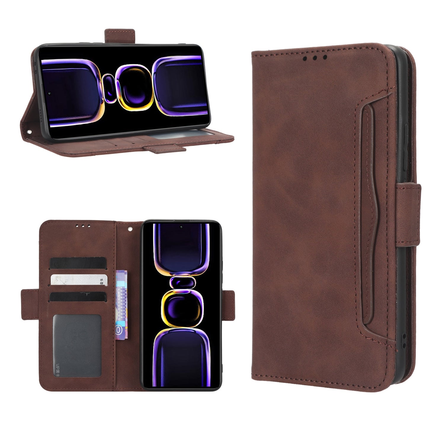 Xiaomi Poco F5 Pro Skin Feel PU Leather Wallet Phone Case with Card Slots, Cash Pocket, Magnetic Closure, Built-In Stand, Full Protection TPU Cover