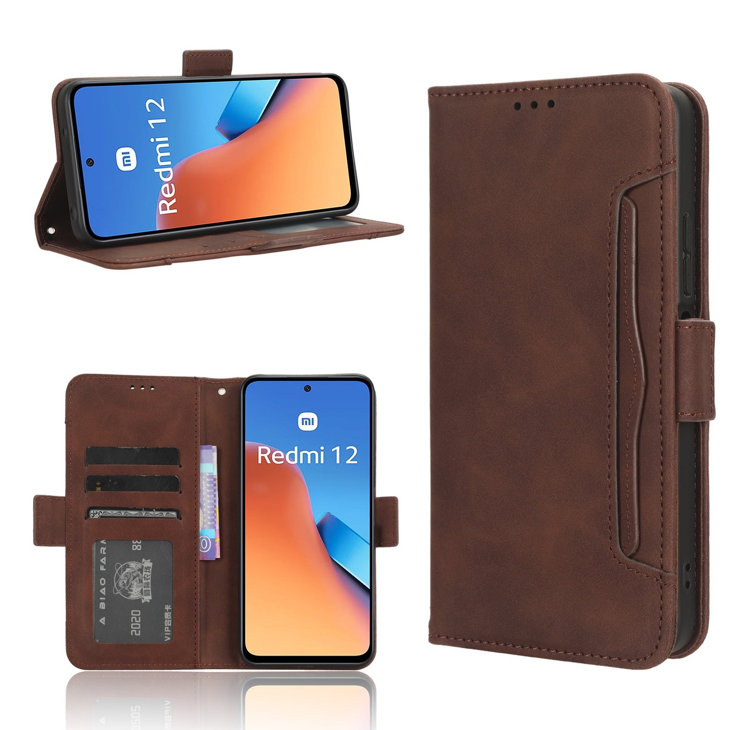 Xiaomi Redmi 12 4G Skin Feel PU Leather Wallet Phone Case with Card Slots, Cash Pocket, Magnetic Closure, Built-In Stand, Full Protection TPU Cover