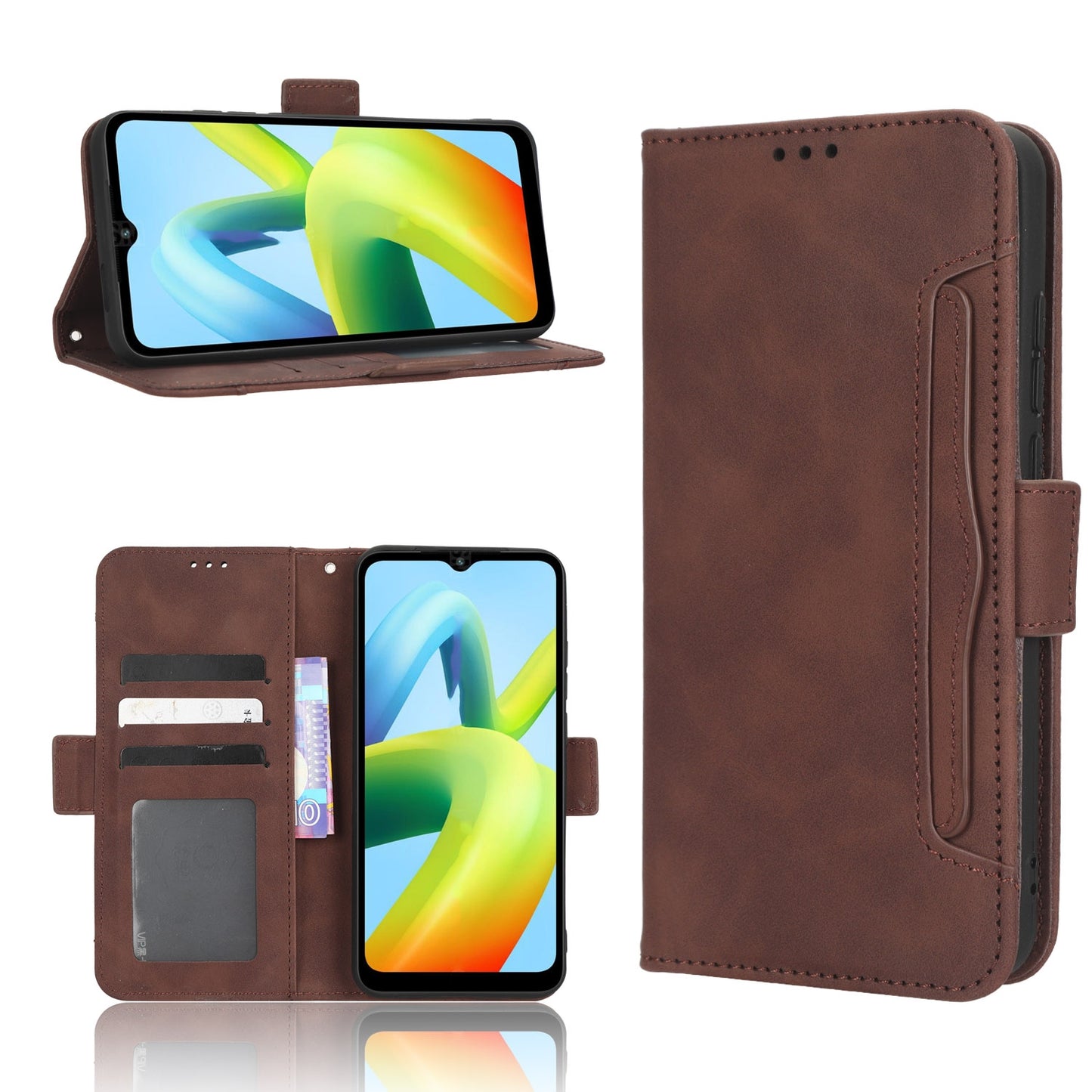 Xiaomi Redmi A2+ Skin Feel PU Leather Wallet Phone Case with Card Slots, Cash Pocket, Magnetic Closure, Built-In Stand, Full Protection TPU Cover