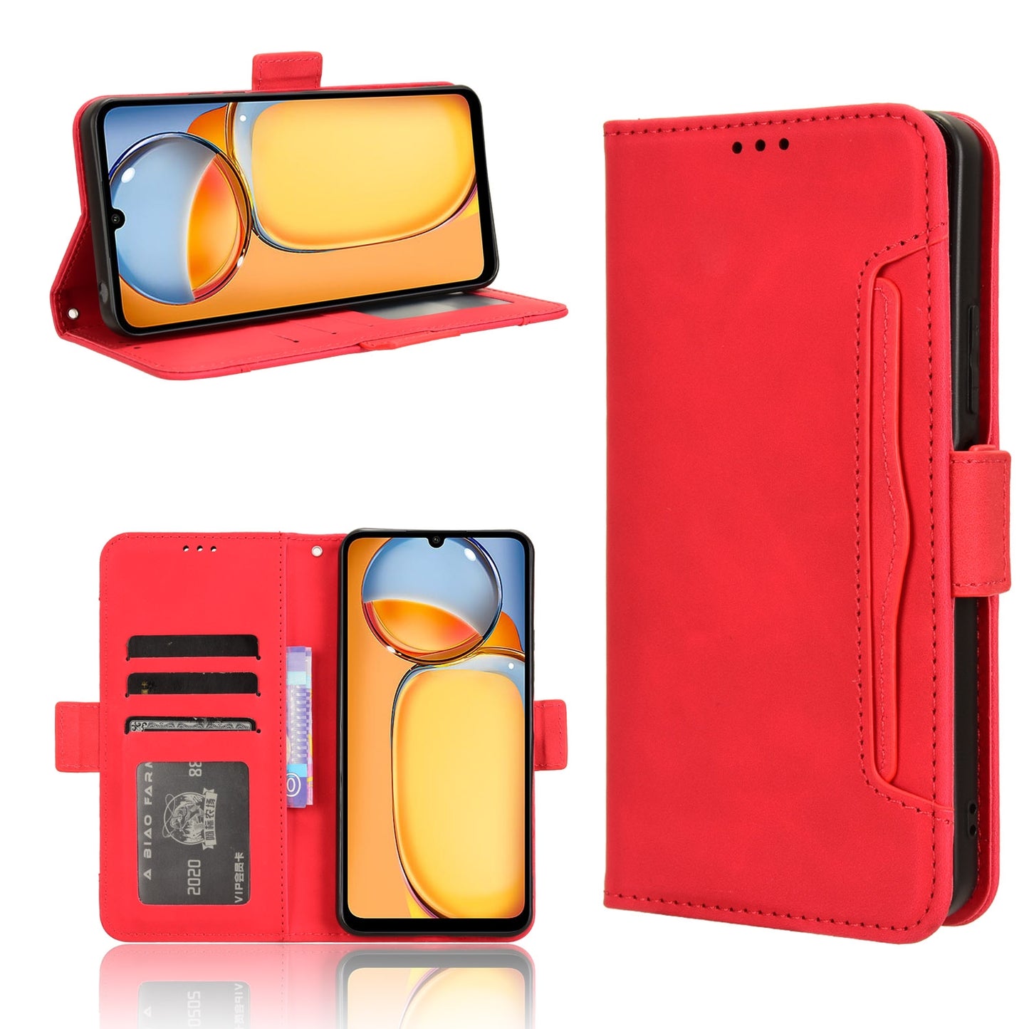 Xiaomi Poco C65 4G Skin Feel PU Leather Wallet Phone Case with Card Slots, Cash Pocket, Magnetic Closure, Built-In Stand, Full Protection TPU Cover