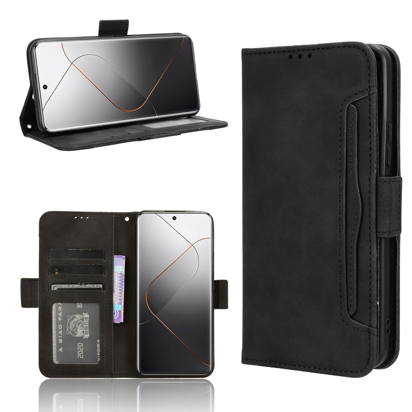 Xiaomi 14 Pro Skin Feel PU Leather Wallet Phone Case with Card Slots, Cash Pocket, Magnetic Closure, Built-In Stand, Full Protection TPU Cover